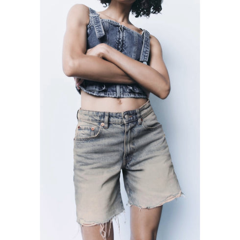 Zara Women's TRF Loose Fit Denim Mid-Rise Shorts