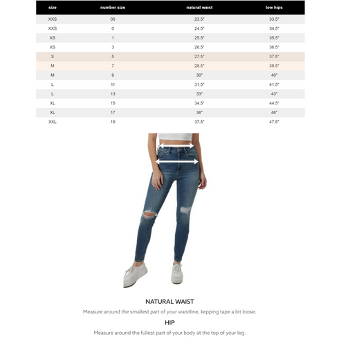 Garage '80s Mom Jeans - Size Chart
