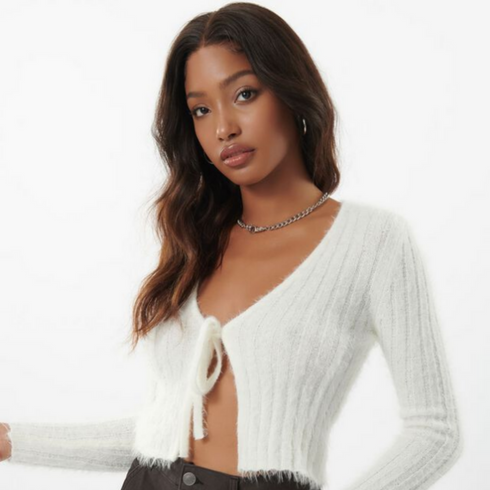  Garage Fuzzy Front-Tie Cardigan Crop Top on Sale, White