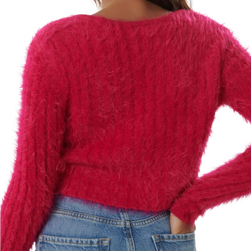  Garage Fuzzy Front-Tie Cardigan Crop Top on Sale, Red