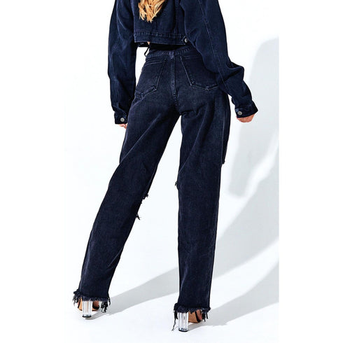 PrettyLittleThing Washed Black Extreme Ripped Hem Boyfriend Jeans | 8]