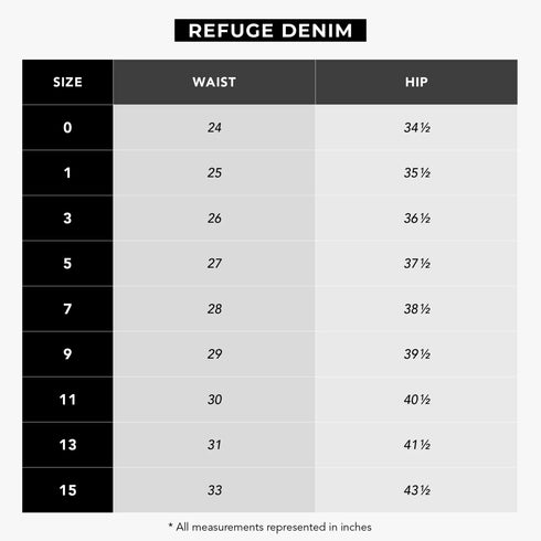 Refuge Denim Size Chart